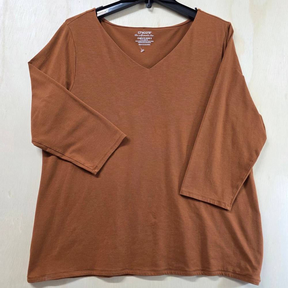 Chicos The Ultimate Tee Rust Orange V-Neck 3/4 Sleeve Pima Cotton Modal Top XL 3 - Picture 3 of 12